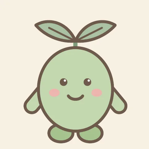 Pip, a round green sprout with two leaves, rosy cheeks and a small smile