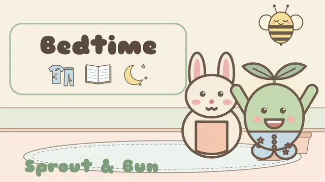 Bedtime title card with pajamas, a book and a moon, beside Mama Bun, Pip and Bumble