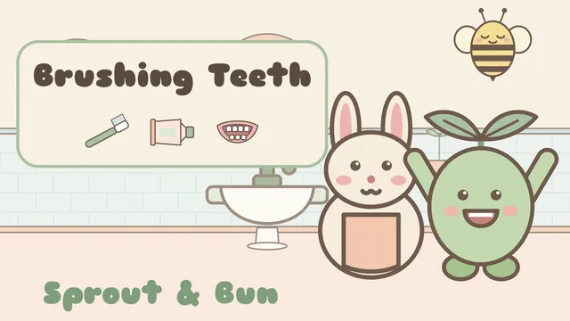 Brushing Teeth title card with Pip, Mama Bun and Bumble