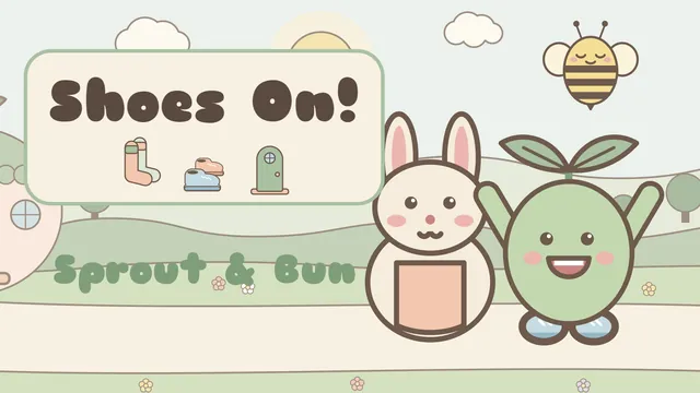 Shoes On! title card with socks, shoes and a door, beside Mama Bun, Pip and Bumble