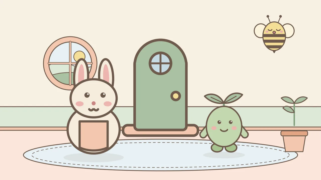 Mama Bun the rabbit, Pip the sprout and Bumble the bee in Pip's cozy round house, next to a green front door.