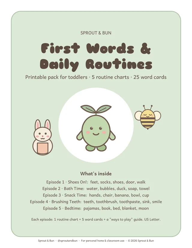 Cover of the First Words & Daily Routines printable pack, with Pip, Mama Bun and Bumble and a list of the words for each episode