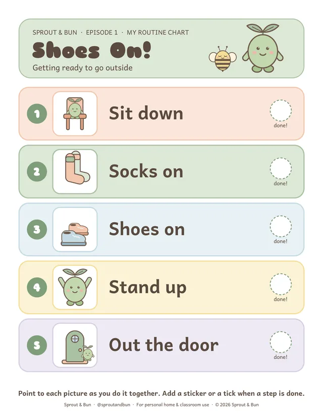 Shoes On! routine chart with five pictured steps: sit down, socks on, shoes on, stand up, out the door